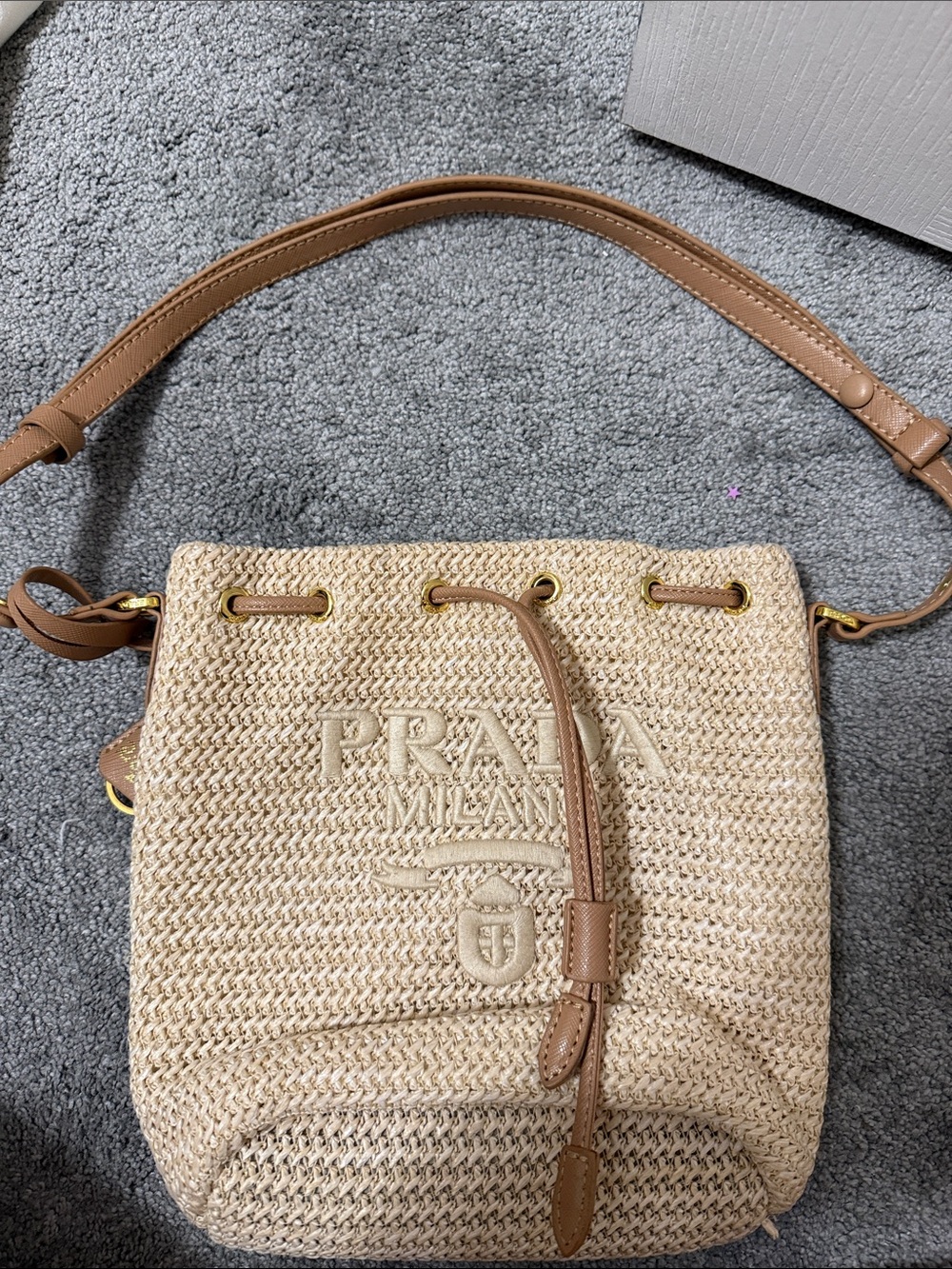 Prada Beige Raffia Drawstring Crossbody with Tan Leather Trim